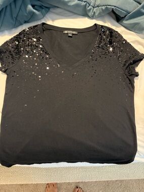 INC International Concepts Black V-Neck Short Sleeve Sequin Tee